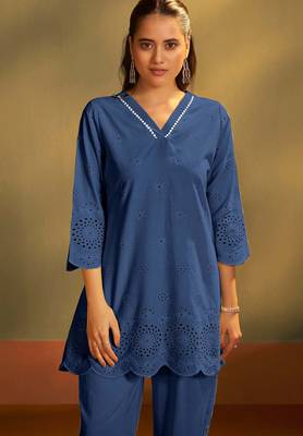 Pure cotton dark blue schiffli co-ord set 4