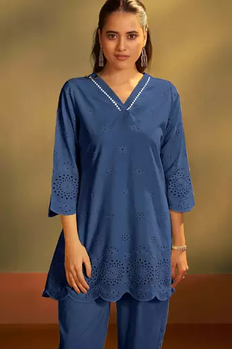 Pure cotton dark blue schiffli co-ord set