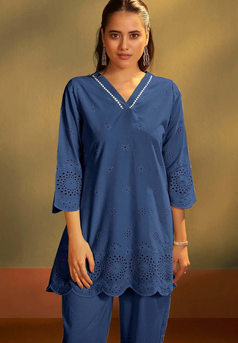 Pure cotton dark blue schiffli co-ord set