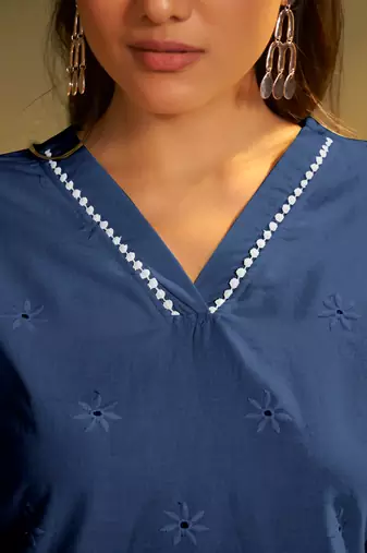Pure cotton dark blue schiffli co-ord set