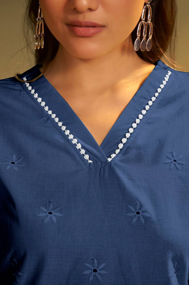 Pure cotton dark blue schiffli co-ord set