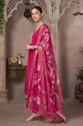 Pink georgette embroidered sequins work ethnic kurta set with matching dupatta