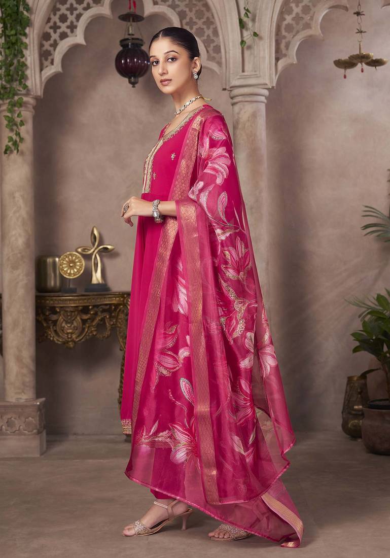 Pink georgette embroidered sequins work ethnic kurta set with matching dupatta