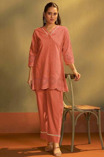 Pure cotton rust schiffli co-ord set