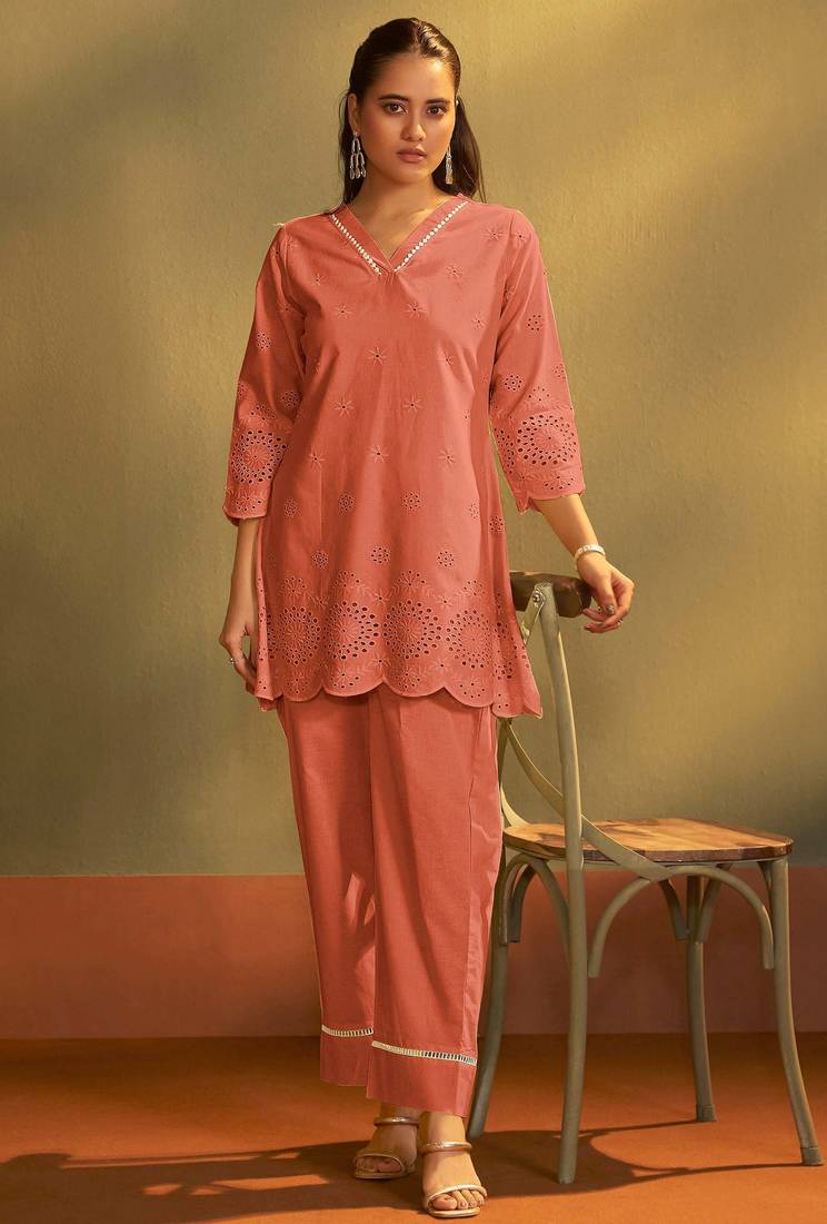 Pure cotton rust schiffli co-ord set