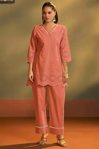 Pure cotton rust schiffli co-ord set