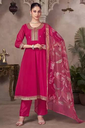 Pink georgette embroidered sequins work ethnic kurta set with matching dupatta