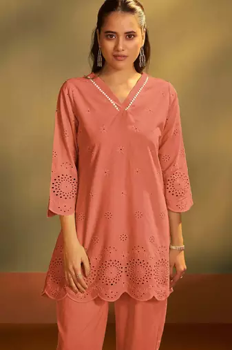 Pure cotton rust schiffli co-ord set
