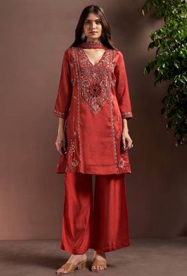 Rust silk blend embroidered mirror work ethnic kurta set with matching dupatta 1