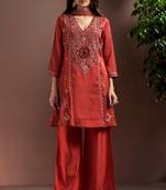 Rust silk blend embroidered mirror work ethnic kurta set with matching dupatta