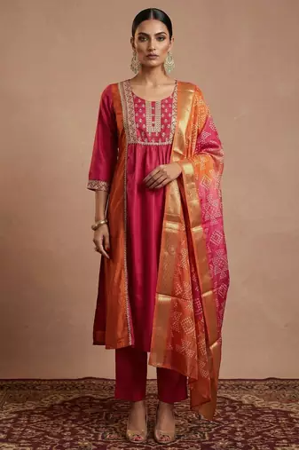 Pink chinon embroidered thread work ethnic kurta set with matching dupatta