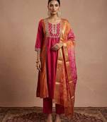 Pink chinon embroidered thread work ethnic kurta set with matching dupatta