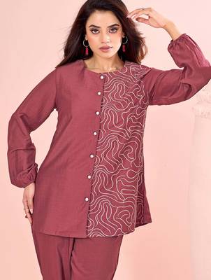 Rust embroidered cotton straight co-ord set 1