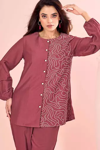 Rust embroidered cotton straight co-ord set