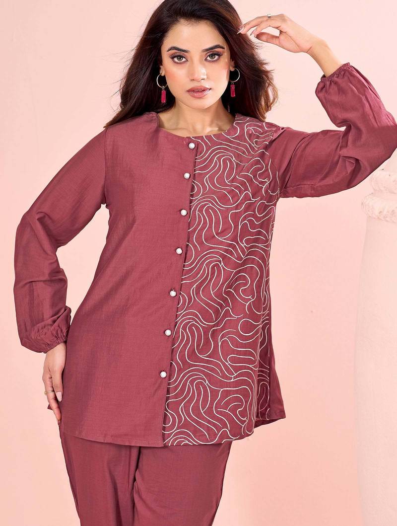 Rust embroidered cotton straight co-ord set