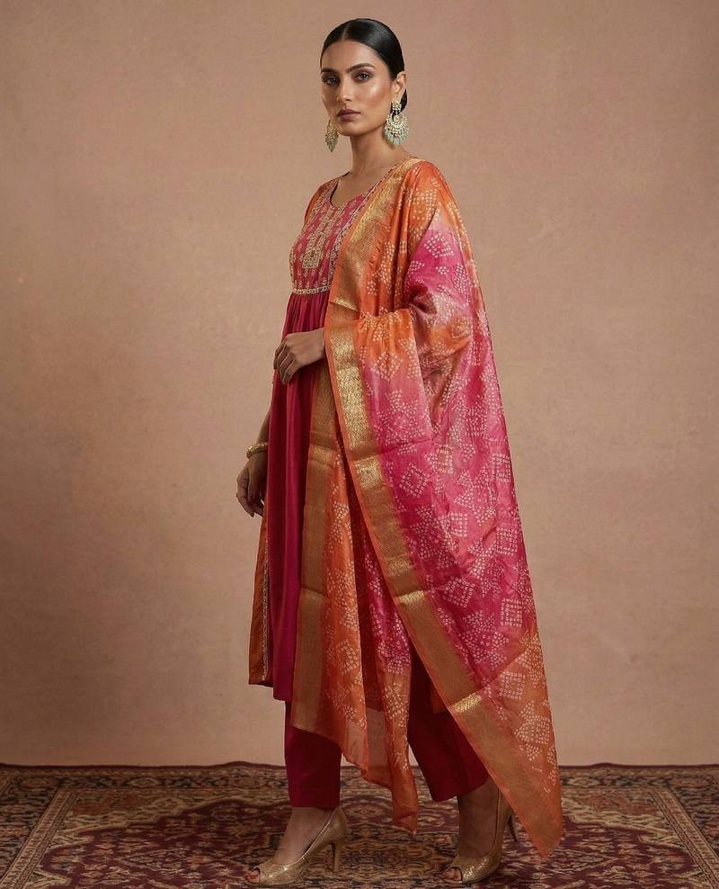 Pink chinon embroidered thread work ethnic kurta set with matching dupatta