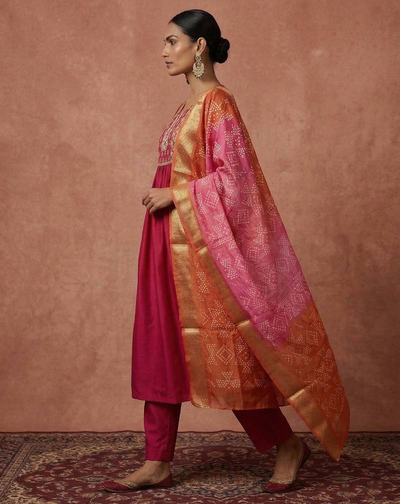 Pink chinon embroidered thread work ethnic kurta set with matching dupatta