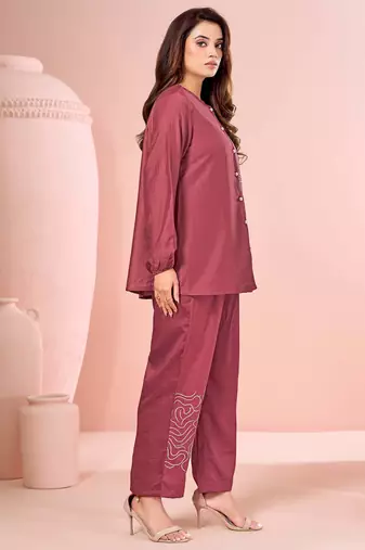 Rust embroidered cotton straight co-ord set