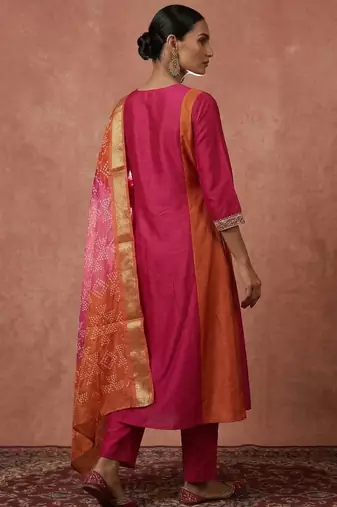 Pink chinon embroidered thread work ethnic kurta set with matching dupatta