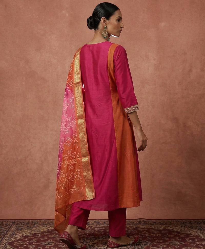 Pink chinon embroidered thread work ethnic kurta set with matching dupatta