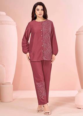 Rust embroidered cotton straight co-ord set 4