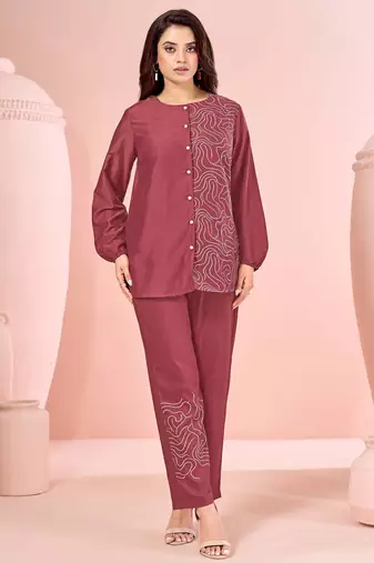 Rust embroidered cotton straight co-ord set