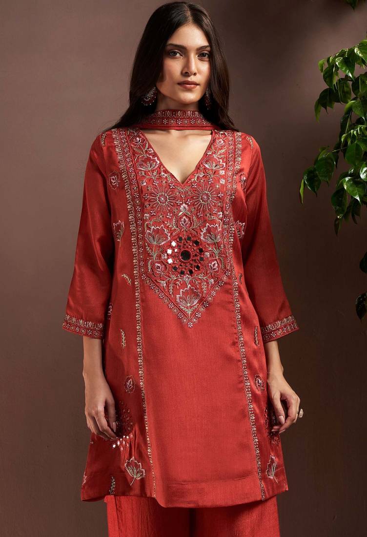Rust silk blend embroidered mirror work ethnic kurta set with matching dupatta