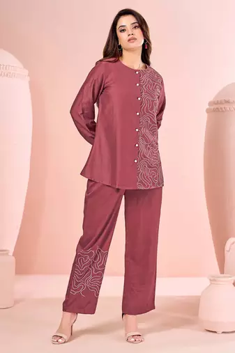 Rust embroidered cotton straight co-ord set