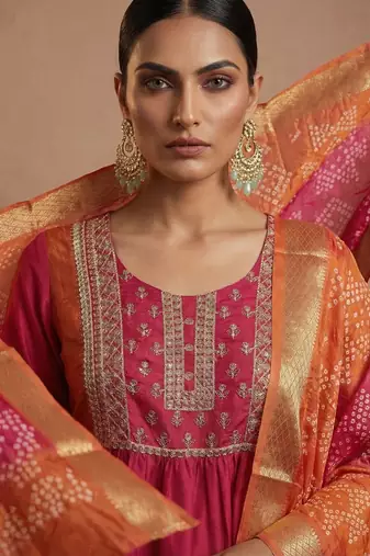 Pink chinon embroidered thread work ethnic kurta set with matching dupatta