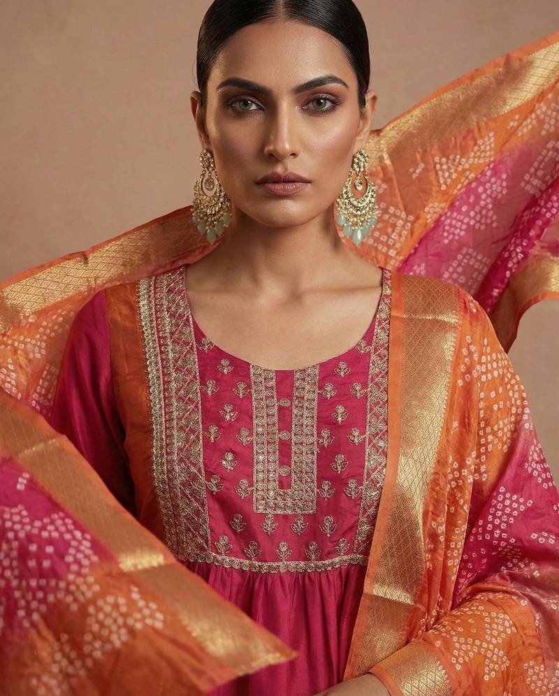 Pink chinon embroidered thread work ethnic kurta set with matching dupatta