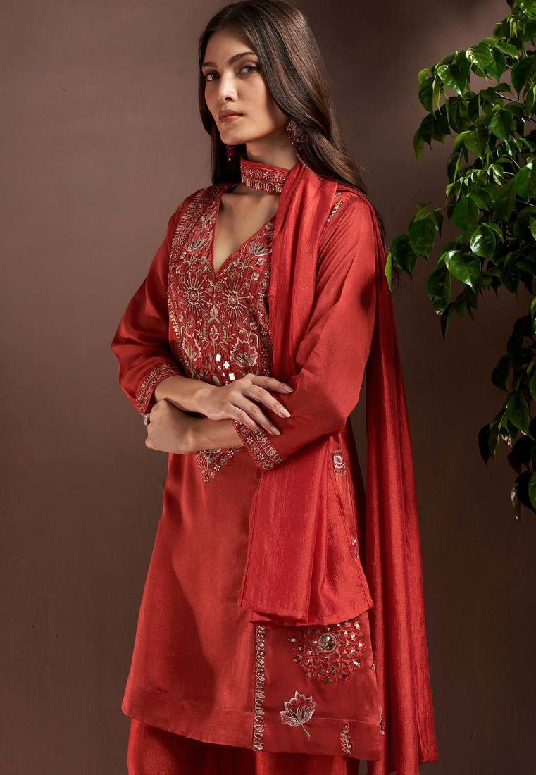 Rust silk blend embroidered mirror work ethnic kurta set with matching dupatta