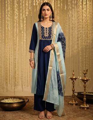 Sky blue chinon embroidered thread work ethnic kurta set with matching dupatta 1