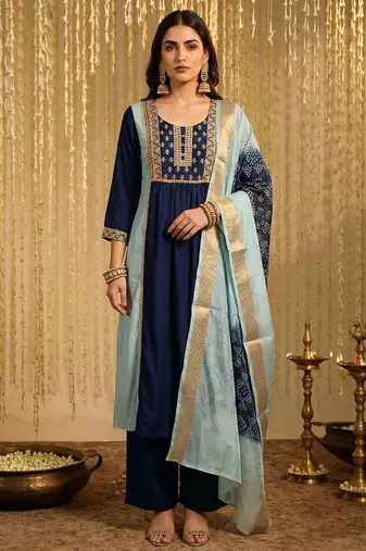 Sky blue chinon embroidered thread work ethnic kurta set with matching dupatta