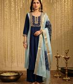 Sky blue chinon embroidered thread work ethnic kurta set with matching dupatta