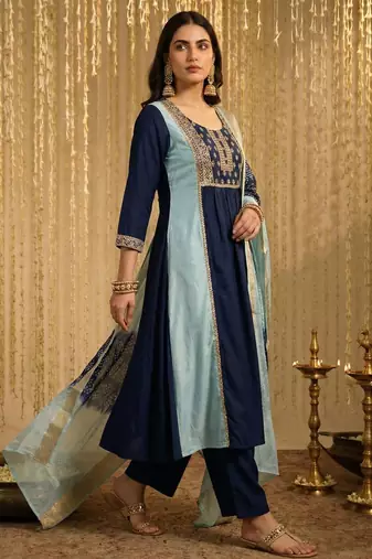Sky blue chinon embroidered thread work ethnic kurta set with matching dupatta