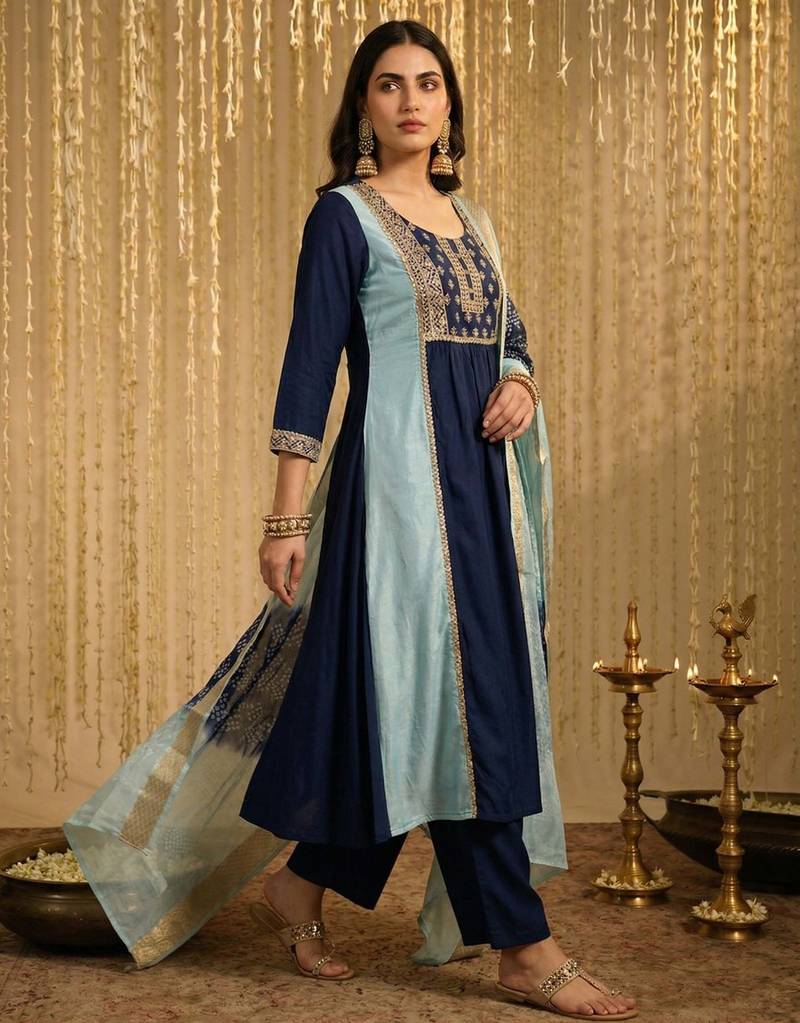 Sky blue chinon embroidered thread work ethnic kurta set with matching dupatta