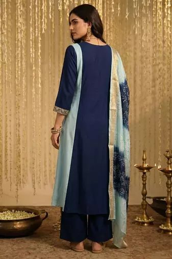 Sky blue chinon embroidered thread work ethnic kurta set with matching dupatta