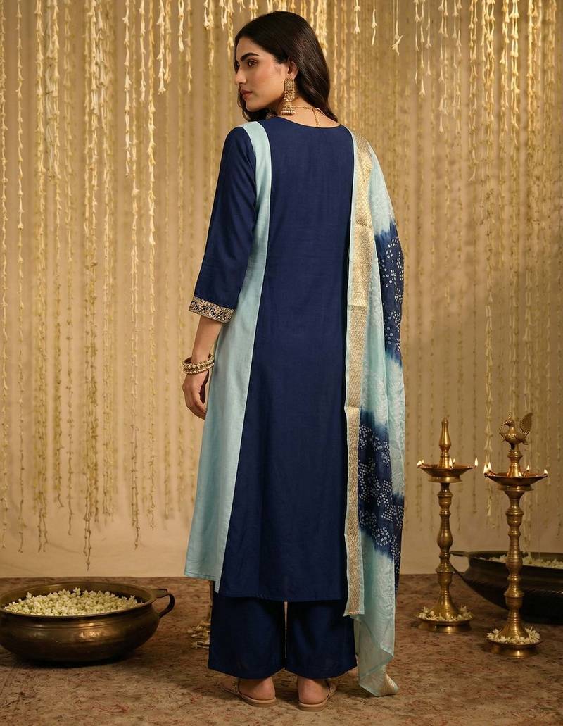 Sky blue chinon embroidered thread work ethnic kurta set with matching dupatta