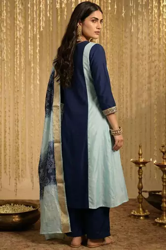 Sky blue chinon embroidered thread work ethnic kurta set with matching dupatta