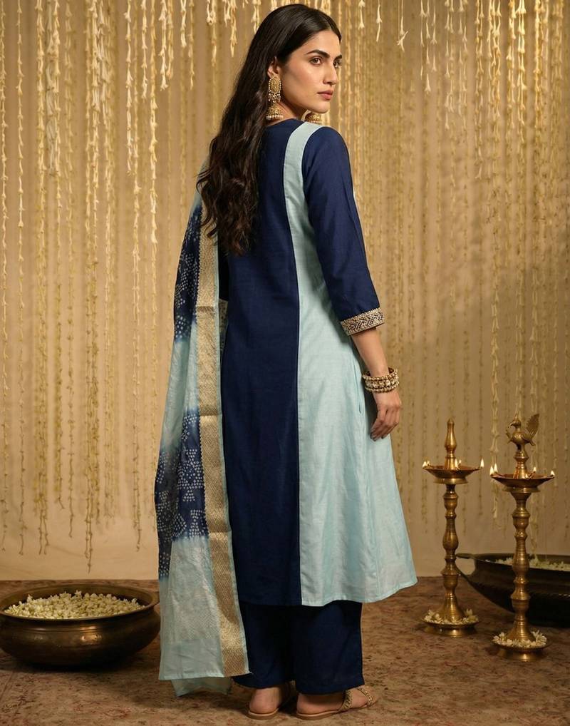 Sky blue chinon embroidered thread work ethnic kurta set with matching dupatta