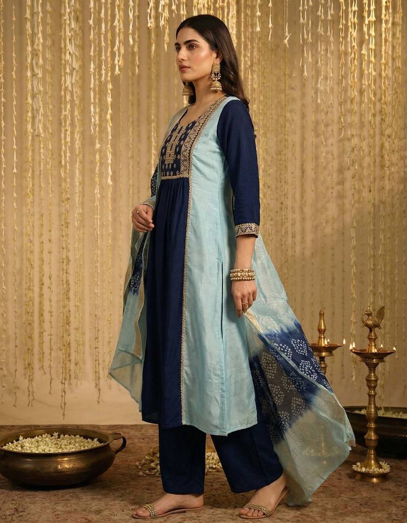 Sky blue chinon embroidered thread work ethnic kurta set with matching dupatta