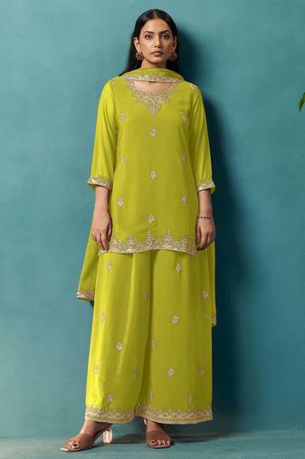 Green georgette embroidered zari work ethnic kurta set with matching dupatta