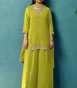 Green georgette embroidered zari work ethnic kurta set with matching dupatta