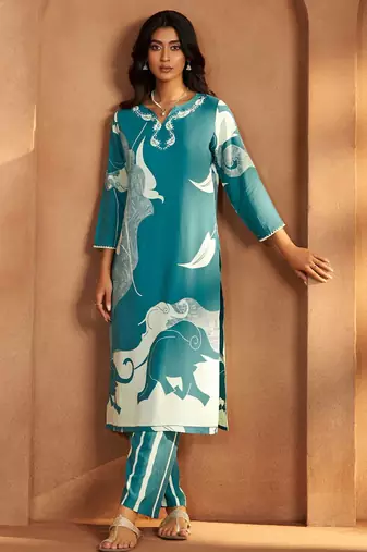 Turquoise blue viscose rayon printed straight co-ord set