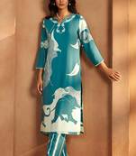 Turquoise blue viscose rayon printed straight co-ord set