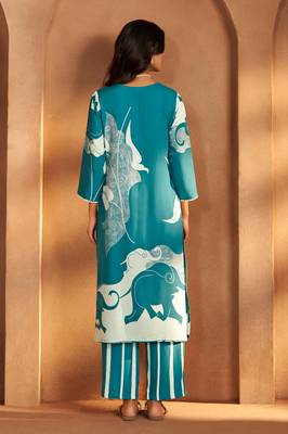 Turquoise blue viscose rayon printed straight co-ord set 2