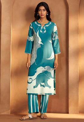 Turquoise blue viscose rayon printed straight co-ord set 3