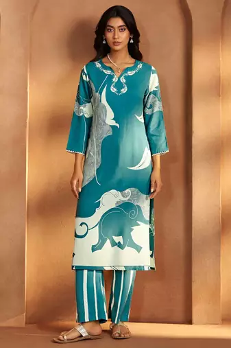 Turquoise blue viscose rayon printed straight co-ord set