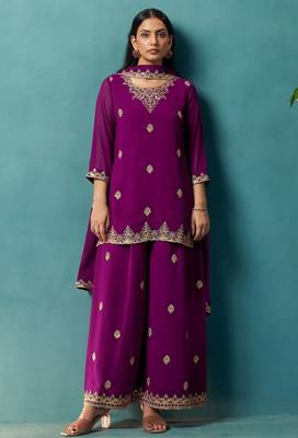Wine georgette embroidered zari work ethnic kurta set with matching dupatta 1