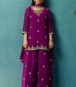 Wine georgette embroidered zari work ethnic kurta set with matching dupatta
